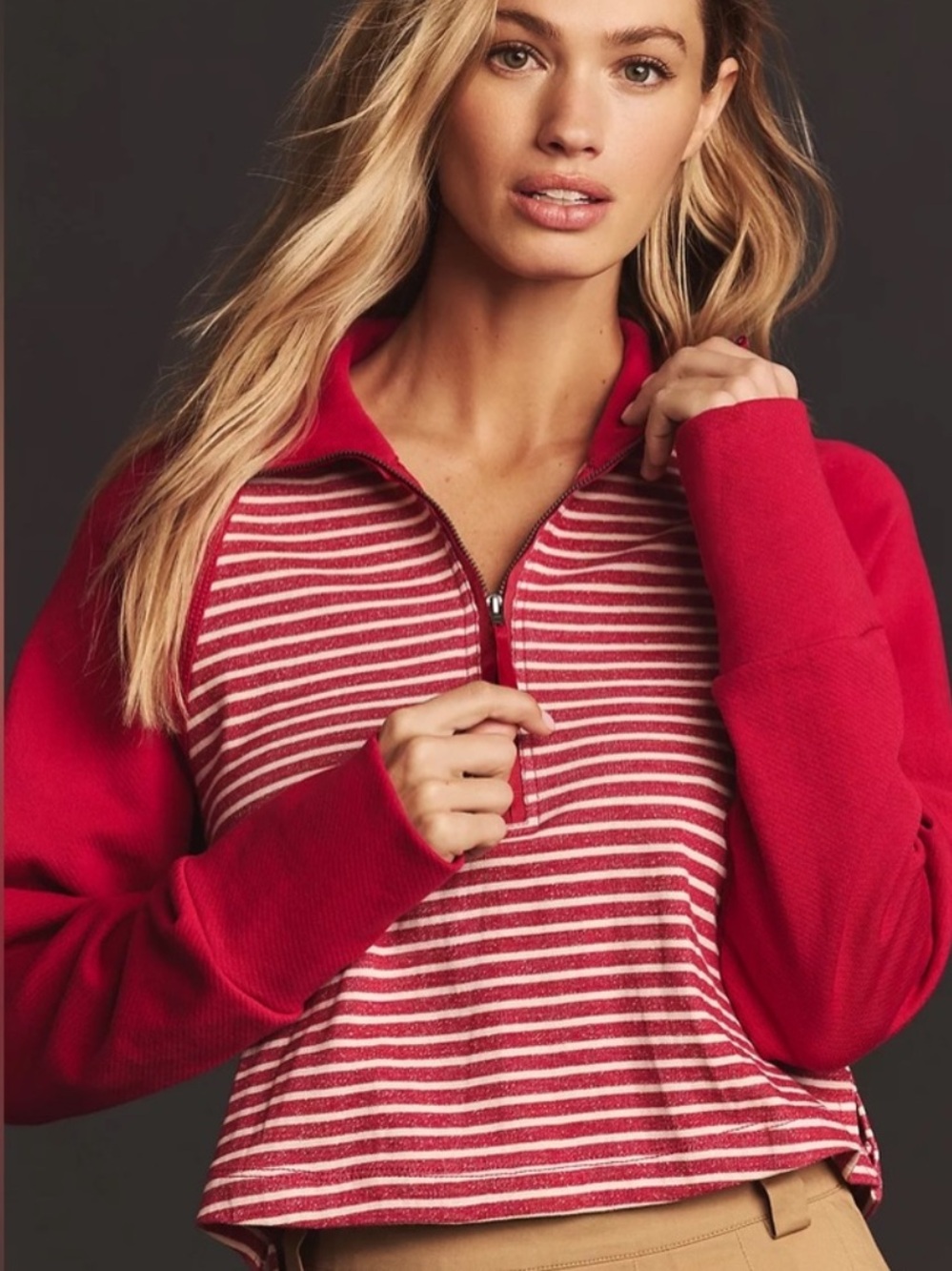Pilcro Red and Light Pink Striped Half-Zip Pullover